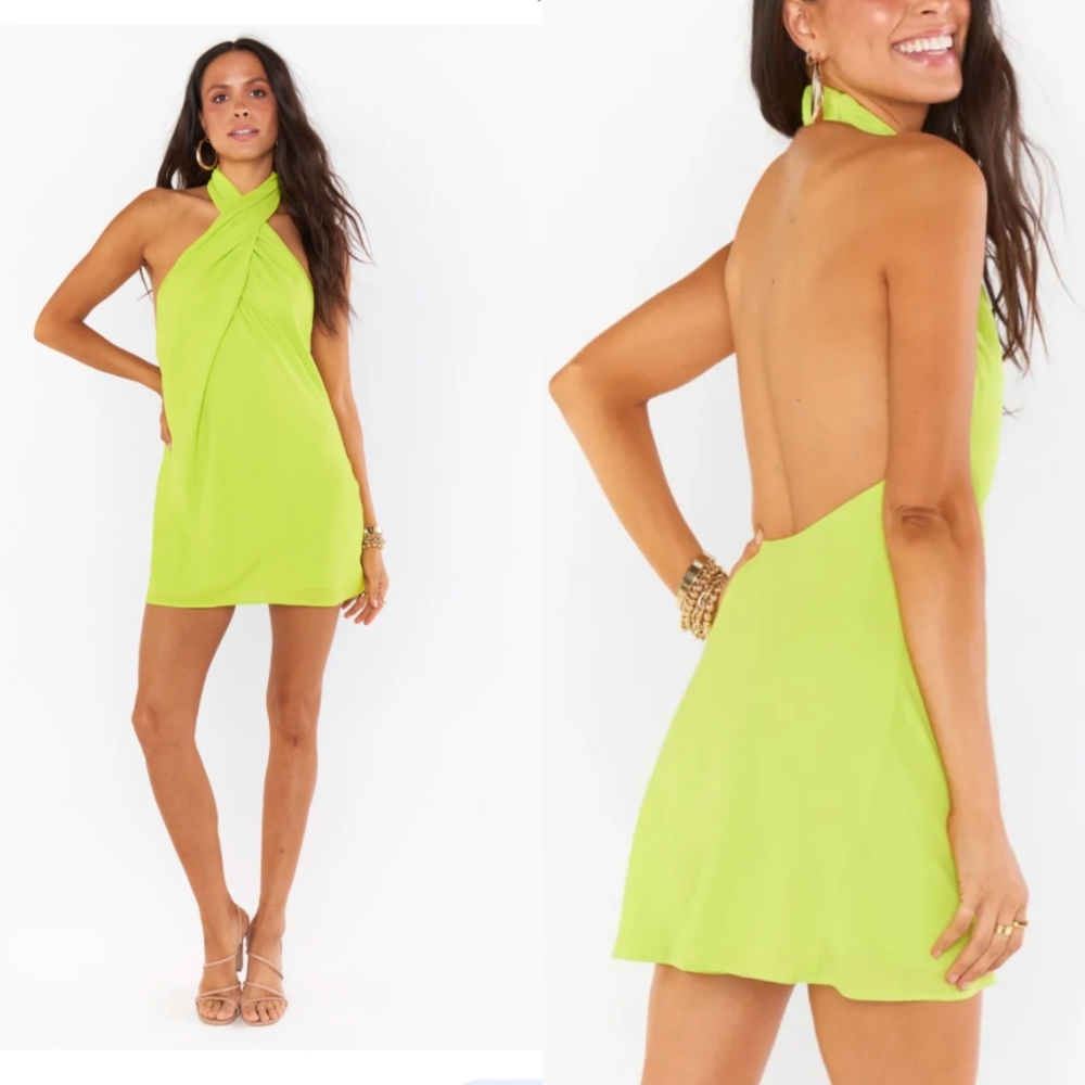 Show Me Your Mumu Jasmine Halt Mini Dress Women's Large Neon Green Chiffon Dress